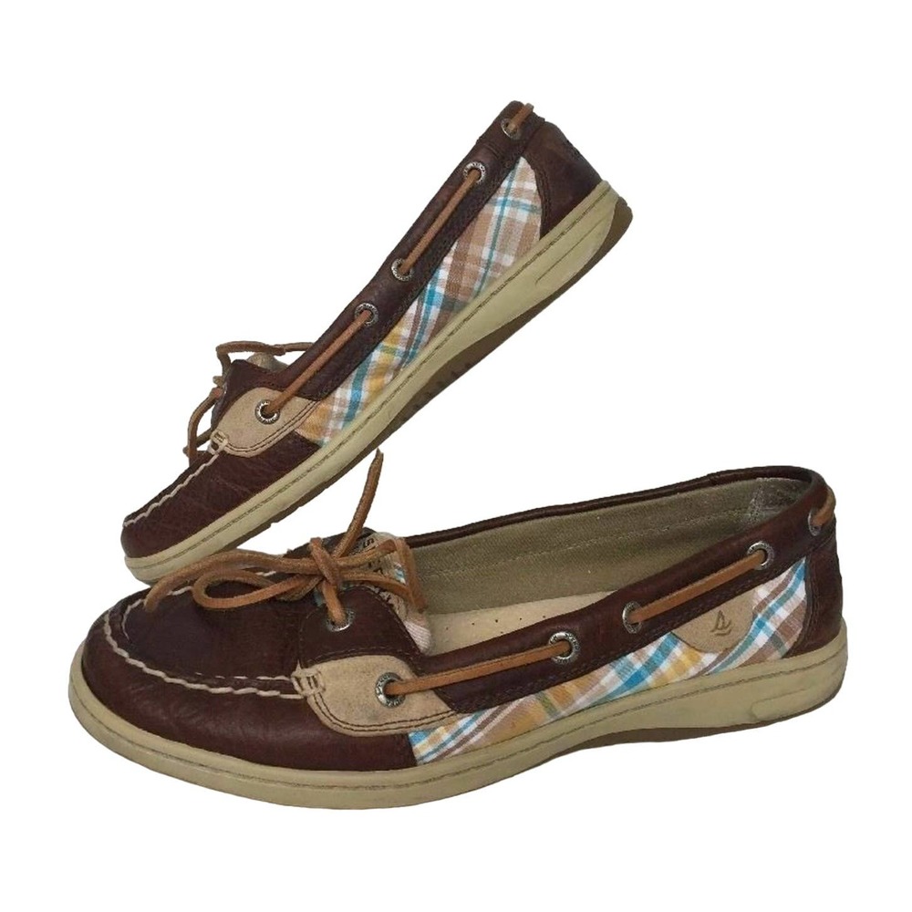 Sperry Top Sider Boat Shoe Brown Leather Moc Toe Plaid 2-eye Lace Up Women 9.5 M